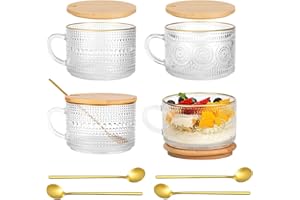 COLLAZOEY Litimkat 4 tazze da caffè vintage, bicchieri da latte macchiato, con coperchio e cucchiaio, tazze da colazione, per cappuccino, latte, cereali, latte, compleanno, regalo di Natale