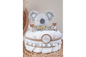 LIDAM Windeltorte klein mit Kuscheltier Boho Vintage Stil | Geschenk zur Geburt | Made in Germany | mit Premium Windeln & schönem Zubehör | Baby Geschenk | Geschenke zur Geburt