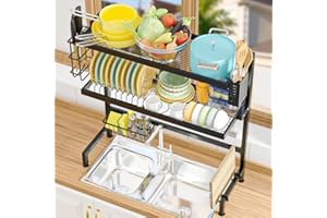 NETEL Ociekacz do naczyń nad zlewem, 3 poziomowy ociekacz do naczyń ze stali nierdzewnej Organizer do kuchni z uchwytem na przybory, uchwyt na deskę do krojenia, blok noża, długość 64 cm, Czarny