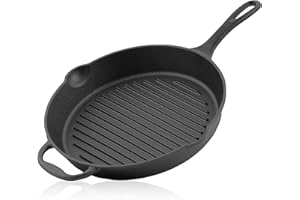 BBQ-Toro Poêle à frire en fonte Ø 34 cm | Poêle à griller en fonte avec poignée, manche et deux becs verseurs, nervurées