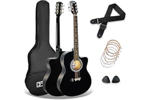 3rd Avenue Pack de guitarra acústica con cortadura de tamaño estándar 4/4 para principiantes de 3rd Avenue, funda de transporte, púas y cuerdas de repuesto, Negro
