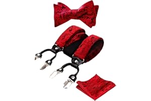 Alizeal Mens Adjustable Floral Paisley Self-tied Bow Tie, Pocket Square and Elastic Y Shape 6 Clips Braces Set