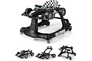 COSTWAY 4-in-1 Baby Walker, Foldable Push Along Walkers with Adjustable Height & Speed, Music, Lights, Steering Wheel, Toddler First Steps Early Development Toy, Ages 6-18 Months (Black)