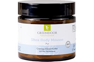 ‎GREENDOOR GREENDOOR parfümfreie vegane Natur Körperbutter 200ml im Glastiegel, Bodymousse PUR Body-Butter ohne Parabene Duftstoffe, Naturkosmetik mit BIO Sheabutter, natürliche Hautpflege, Haut Körper-Creme