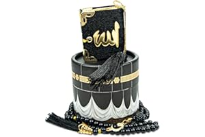 ihvan online, Islamic Prayer Cylinder Gift Box with Elegant Velvet Covered Mini Quran & Prayer Beads Tesbih, Misbaha Tasbeeh Sibha 99 Mala Tasbih Ramadan & Eid Gift, Black