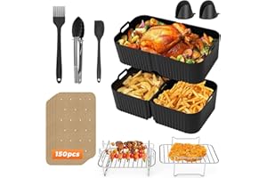 WOOBROO Silicone Moule Air Fryer pour Ninja Foodi Flex 10.4 L AF500EU, 10 Pièces+150 Feuilles Papier pour Friteuse à Air Silicone Accessoires Air Fryer pour Friteuse, AF500EU Accessoires 1×10.4L+2×5.2L
