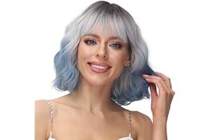 PARXITN Kurze Bob Perücke mit Pony Natürliches Ombre Blau Perücke Synthetisches Haar Bunt Täglich Party Halloween Cosplay Gewellte Lockige Perücken für Frauen