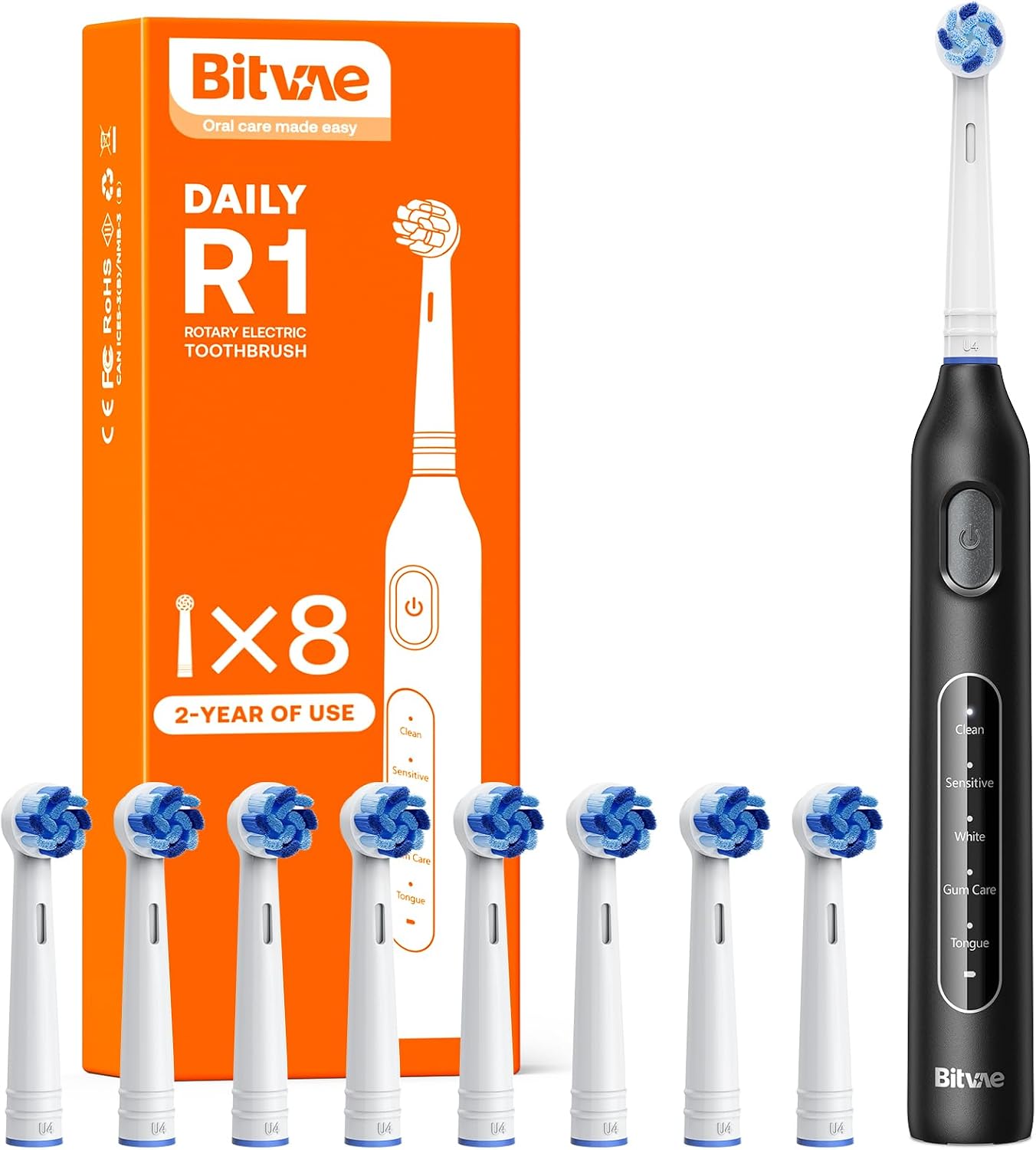 Cepillo Electrico para Adultos y Niños, Cepillo de Dientes Eléctrico Giratorio con 8 Cabezales, 60 Días de Duración de la Batería, 5 Modos, Negro