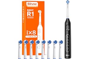 BITVAE Brosse à dents électrique pour Adultes et Enfants，Brosse à dents Rotative avec 8 têtes de Brossage, 60 jours d'autonomie de la Batterie, 5 Modes, Noir