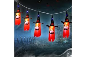Wzone Decorazione di Halloween Arancione per Esterni - 5 Pezzi Fantasmi Appesi con Cappello da Strega, Luci di Decorazione per la Festa, Luci Fatate Illuminate