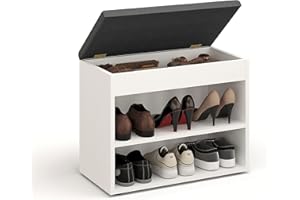 ‎KOMTO KOMTO Schuhbank mit Sitzfläche - Schuhregal Bank mit Stauraum Weiß 60 x 48 x 32 cm Kleiner Schuhschrank mit Sitzbank Flur Bank Garderobenbank Sofia