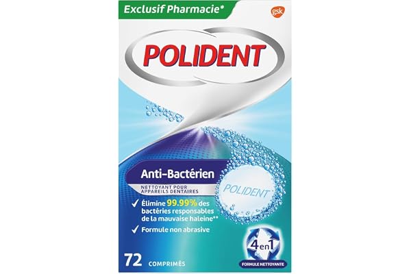 POLIDENT - Nettoyant Antibactérien Pour Prothèses Dentaires Complètes ou Partielles - Action 4 en 1 - Elimine 99,9 % des Bactéries Responsables de la Mauvaise Haleine - 72 Comprimés