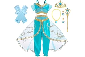 XFOZDM Deguisement Robe de Princesse Jasmine pour Enfant Fille, Aladdin Robe de Princesse Jasmine costume avec Accessoires pour Halloween Anniversaire Fêté Carnaval Cosplay Bleu