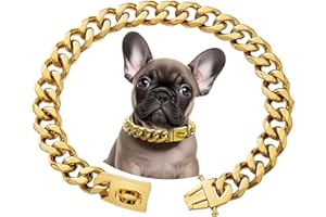 ZESTEFY Kettenhalsband Hund, Goldenes Hundehalsband Kette Mit Metallkette, 15mm Breite Cuban Dog Collar, Rostfreier Stahl Halskette Hund mit Schnalle Für Kleine Mittlere Und Große Hunde (45cm)