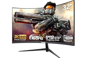 Gawfolk 32-inch PC screen,2K WQHD(2560×1440P),165Hz curved Gaming Monitors, 1ms，FreeSync, 100% sRGB，178° wide viewing angle，HDMI、DisplayPort, Compatible with Wall-Mounted VESA100*100MM - Black