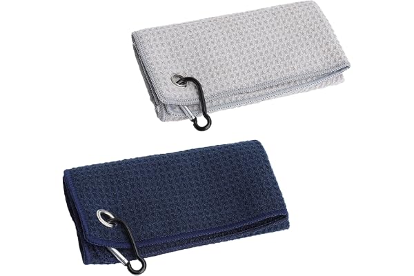Uppsättning av 2 golfhanddukar mikrofiber 30x30 cm rengöringsdukar med karbinhake metallögla, superabsorberande, mjuk och kom
