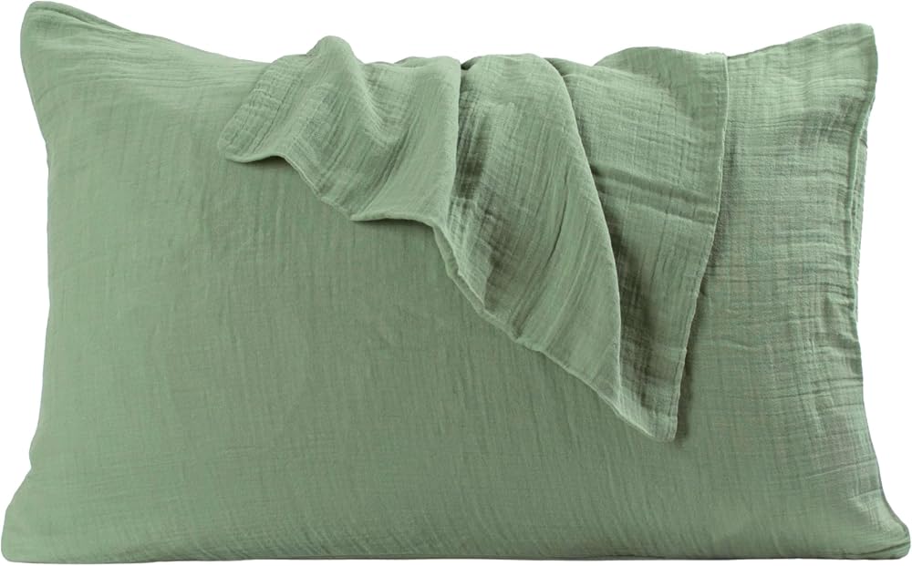 PÜSKÜL 2-Adet Müslin Yastık Kılıfı Seti, 100% Pamuk 2-Katlı Standart Ölçü | Sage Adaçayı Yeşil, 50x70 cm 2'li Yastık Kılıfı, Kaliteli Ultra Yumuşak Havadar Nem Emici Terletmeyen Müslin Yastık Kılıfları