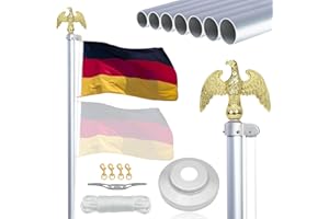 NQ Fahnenmast 6M stabil mit Adler, 5CM Durchmesser 20FT Aluminium Fahnenstange Höhenverstellbar, Flaggenmast Set für Außenbereich, Deutscher Fahnenmast(Silber)