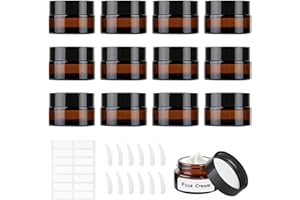 MirraSwit 12 Stück Braun Glastiegel 20ml, Glas Leerdose, Tiegel Cremedose, Cremedosen zum Befüllen, mit Aufkleber, Kratzlöffel für Damen Mädchen Kosmetik Cremes Lotionen Ätherische Öle Pulver