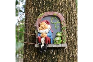 Meyas Gartenstatuen Schlafender Gnom, Baumskulptur Gartendekoration Ornamente im Freien, Gartenzwerg-Statuen Elf aus der Tür Baum Hugger, lustige Harz-Gnom-Statuen Figuren Halloween