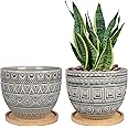 G EPGardening 14CM Gray Plant Pots Retro Succulent Planters Indoor Ceramic Geometry Pattern Flower Pots Set of 2 with Bamboo Tray