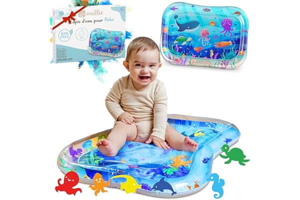 Mallie® Tapis d'Eau Bébé Éveil, Tapis de Jeu Bébé et Tapis d'Éveil Bébé pour Tummy Time Bébé - Centre d'Activités: Jeux d'Éveil Bébé 0-6 Mois & Jeux Bébé 0-3 Mois. Tapis Gonflable Fille Garçon