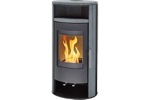 ‎H&M GERMANY H&M Kaminofen Basic 2.0 gussgrau Naturstein 7kw Holzkamin modern runde Sichtscheibe langlebig Tür und Feuerraumboden aus Guss Speicherverkleidung Mehrfachbelegung