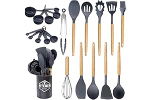 Kawaology Ensemble de 22 ustensiles de cuisine en silicone, set d'ustensiles de cuisine pour casseroles antiadhésives, résistants à la chaleur et antiadhésifs avec manche en bois pour ustensiles sans