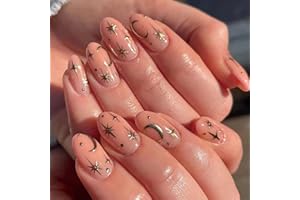 TMUT 24pcs Short Oval False Nails Gold Star Stick on Nails Nude Pink Press on Nails Removable Glue-on Nails Fake Nails Nail Art Accessories