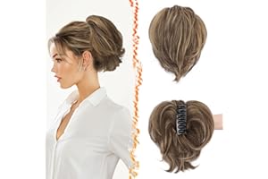 ‎BARSDAR BARSDAR Kurze Haarteil mit Krallen Klemmer und Biegsamen Drähten, DIY 20 cm Echt Echthaar Mittleres Braun Blond Messy Dutt Pferdeschwanz Haarteile für Frauen Dicke Natürliche Echthaar Pferdeschwanz