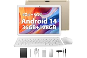 TIGERFU 10 Pollici Tablet Android 14, 36GB RAM+128GB ROM(1TB TF), Octa-Core 2.0 GHz, 4G LTE & 5G WiFi, GMS Certified, 8000mAh, Bluetooth 5.0, 8MP+5MP Pixel, Tablet con Tastiera, Mouse e Penna - Oro