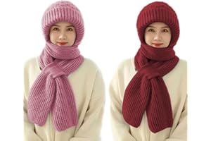papasgix Integrated Ear Protection Windproof Cap Scarf, Women's Hat and Scarf Set for Women Knitting Thick Warm Ear Guard Hat, 2 in 1 Hooded Scarf Hat Ladies Outdoors