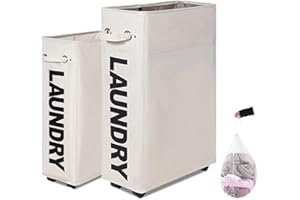 Caroeas Panier à Linge 70L avec Roulettes, Pliable et Étroit, Grande Capacité, Bac de Rangement sur Roues pour Petit Espace，Beige