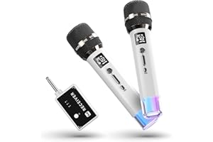 ECHOMUSSY Micro sans fil, micro avec connexion à puce individuelle et lumières LED, autonomie de 40 h, portée de réception de 60 m, contrôle du volume, micro karaoke pour chant, YouTube/TikTok