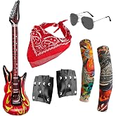 TNLQWZ 80s Rocker 7 Piece Inflatable Guitar Costume | Punk Accessories for Men and Women with Tattoo Sleeves, Bandana, Sungla