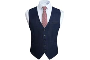 HISDERN Gilet da Abito da Uomo a Quadri Classico Elegante Panciotto Uomo in Cotone Formale Casual Scozzese Senza Maniche da Matrimonio con Tasche