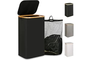 iEGrow 110L Wäschekorb mit Deckel, Großer Wäschesammler mit herausnehmbarem und waschbarem Innentasche, hohe Wäschekörbe für Wäsche mit Bambusgriffen (Schwarz)