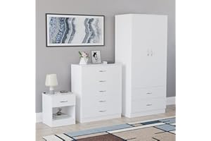 Vida Designs Riano 3 Piece Bedroom Set - 1 Drawer Bedside Chest, 5 Drawer Chest, 2 Door 2 Drawer Wardrobe - White