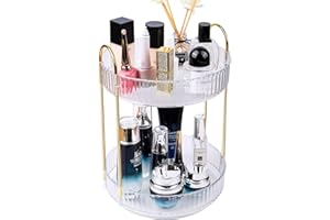FIVAVA Makeup Organiser, 360 Degree Rotating Makeup Organiser 2 Tiers Skincare Organiser,Perfume Organiser Spinning Cosmetics Organiser for Brush Vanity Desk Bedroom Bathroom Desktop(Transparent)