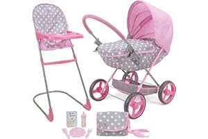509 Crew Doll Pram n Feed 8 Piece Combo Play Set, Classic Doll Pram, Doll High Chair, Diaper Bag, 5 Piece Feeding Toys, for Dolls 46cm, Pretend Play for Kids Ages 3+