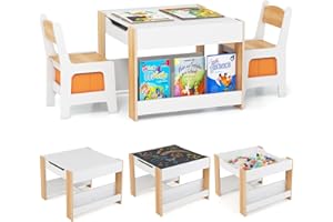 COSTWAY Juego de Mesa y Sillas Infantil, Mesa de Actividades 4 en 1 para Niños con Superficie Reversible, 2 Estantes para Libros y Cajas de Almacenaje, Set de Muebles Infantil de 3 Piezas (Natural)