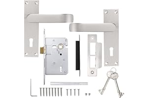 Probrico Elegant Brushed Nickel Door Handles with Lock and Key, Complete Door Handle Sets on Backplate 154mm X 40mm with 65mm Latch，for Internal or External Doors That Require Key Locking, 1 Pack