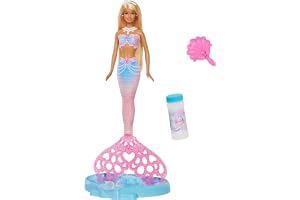 Barbie Bubble Sparkle sjöjungfrudocka med färgat hår | med bubbel funktion och lösning, bricka och hårborste, långt blont hår med färgslingor, JLW56