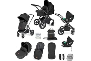Ickle Bubba Stomp Luxe 12pc Travel System with i-Size Cirrus Car Seat & ISOFIX Base – All-Terrain Pram, Reversible Seat, Carrycot, UPF 50+ Hood, Rain Cover & Accessories (Black/Midnight/Black)