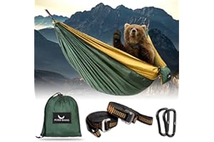 PURE HANG Premium Camping Hängematte Outdoor 2 Personen aus Nylon Fallschirmseide für Reise, Travel, Garten mit Befestigung Aufhänge Set | 300kg Belastung (Dunkelgrün)