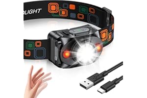 Rolgno Linterna Frontal LED Recargable, [Ultrabrillante] Linterna Cabeza con Sensor de Movimiento, 6 Modos de Iluminación y Impermeable IPX4, Larga Duración en Camping, Pesca, Senderismo, Correr