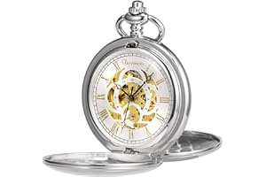 TREEWETO Montre de poche classique lisse double boîtier mécanique steampunk chiffres romains montre gousset pour homme et femme avec chaîne + boîte cadeau, Argenté., Classique