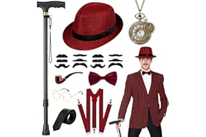 WILDPARTY 20er Jahre Kostüm Herren Accessoires, Faltbarer Krücken Metall, Fedora Hut,Taschenuhr, Metallbrille, Fliege, Hosenträger, Mafia Gatsby Kostüm 1920S Gangster Made China