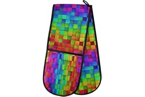 HMZXZ RXYY Double Oven Glove Abstract Rainbow Geometric Heat Resistant Quilted Cotton Kitchen Ove Mitts Long Oven Gloves for Cooking Baking Grilling Handling Hot Pots Pans