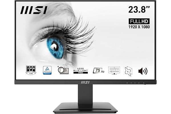 MSI Pro MP243 Écran Bureautique 23.8" Full HD - Dalle IPS, 1920x1080, 75Hz, Confort Oculaire, Display Kit, Haut-Parleurs Intégrés, Inclinaison Réglable, Montable VESA - HDMI 1.4b, DisplayPort 1.2a